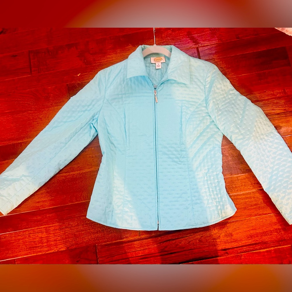 Talbots Jacket Women’s Full Zip Lightweight Aqua Light Blue Polka Dots Size 4